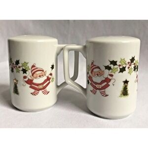 Santa Elf Salt and Pepper Shakers Japan MCM with handles Porcelain Christmas EUC